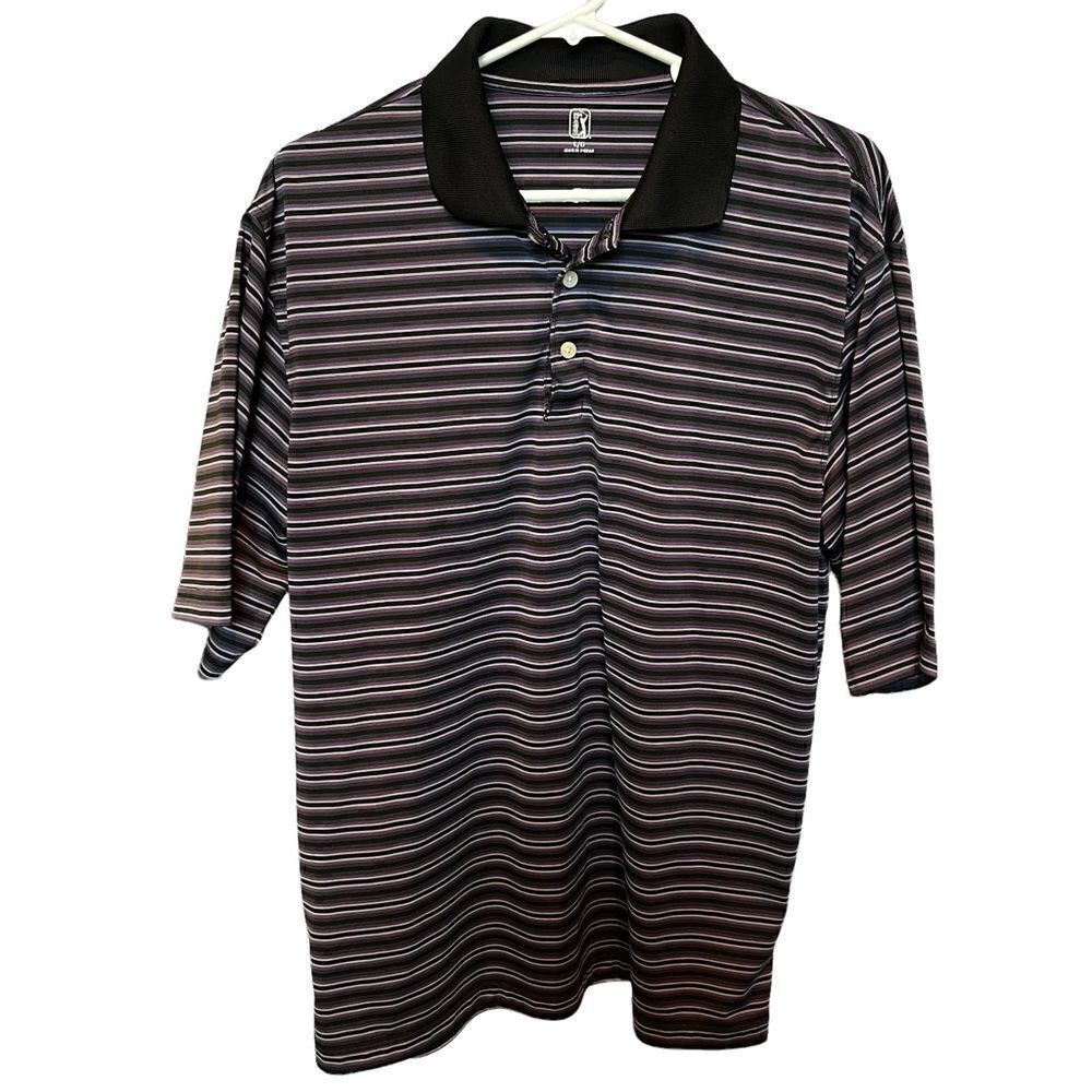 PGA Tour Golf Polo Large Purple and black fine stripe 3 button